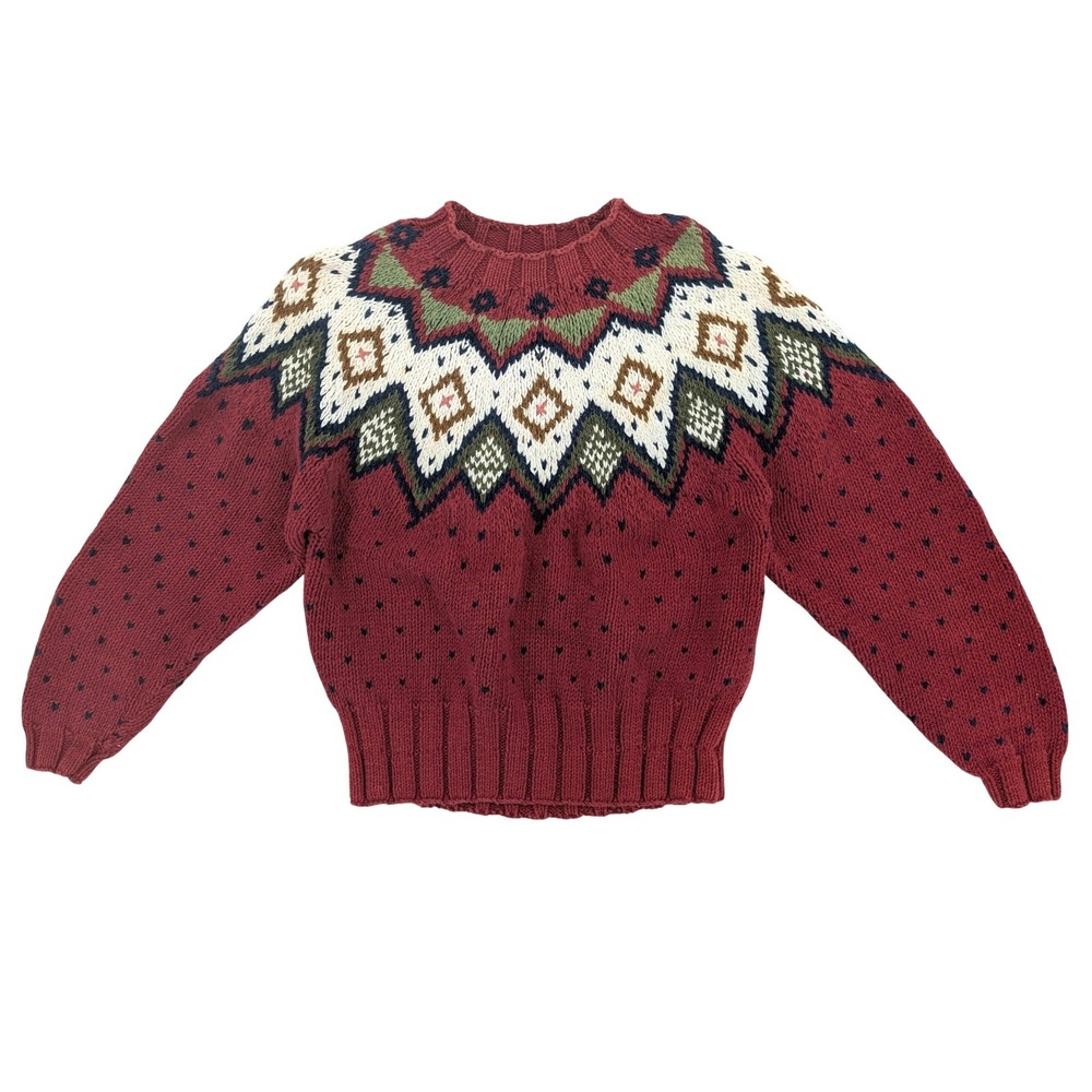 Vintage Liz Wear Fair Isle Sweater M Cotton Nordic Geometric Red Chunky Knit